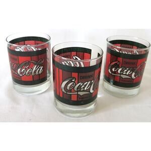 COCA COLA COKE 3 Glasses Short Tumbler Rocks 12 Ounces Stained Glass Look Red